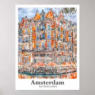 Amsterdam Netherlands Travel Watercolor Hand Drawn Poster