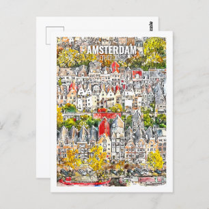 Amsterdam Netherlands Travel Watercolor Sketch Postcard