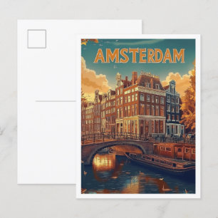 Amsterdam Netherlands Vintage Illustration Travel Postcard