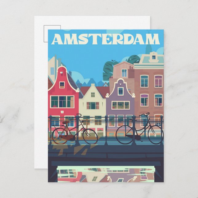 Amsterdam Netherlands Vintage Travel Illustration Postcard (Front/Back)