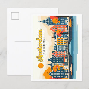 Amsterdam Netherlands Vintage Travel Illustration Postcard
