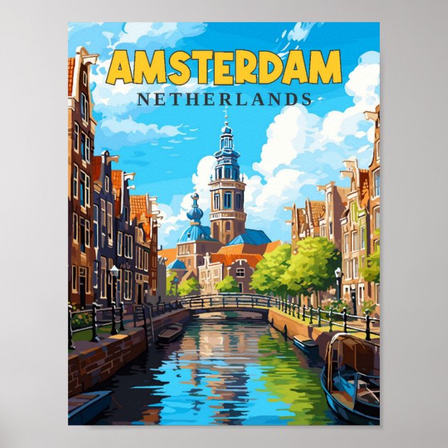 Amsterdam Netherlands vintage travel illustration Poster (Front)