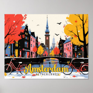 Amsterdam Netherlands Vintage Travel Illustration Poster