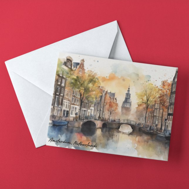 Amsterdam Netherlands Watercolor Panorama View Postcard (amsterdam netherlands watercolor travel postcard)