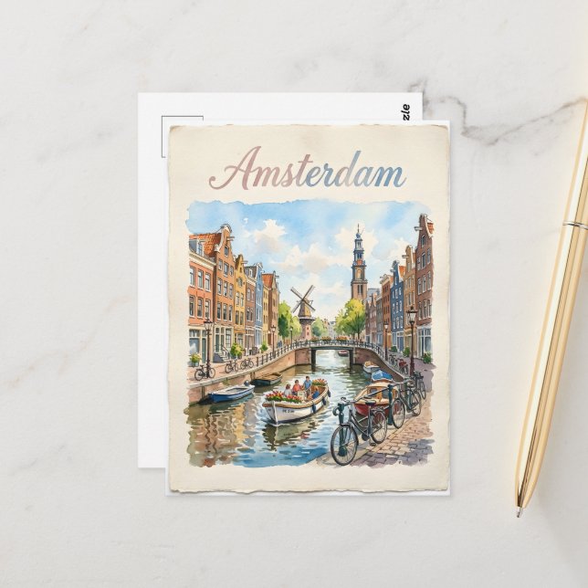 Amsterdam Netherlands watercolor Postcard (Front/Back In Situ)