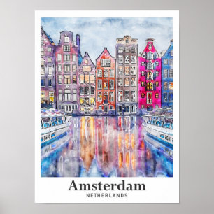 Amsterdam Netherlands Watercolor Sketch Hand Drawn Poster