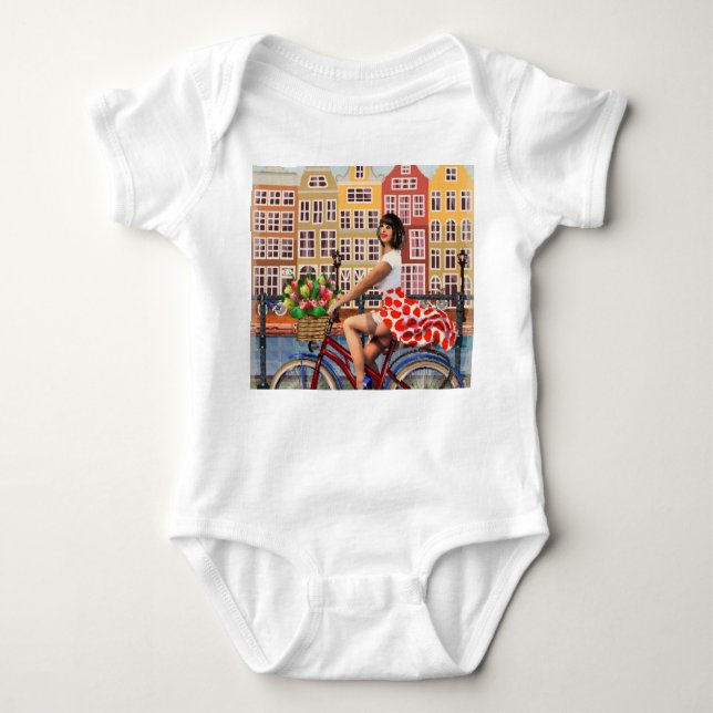 Amsterdam Poster: Pin-Up Girl Cycling. Baby Bodysuit (Front)