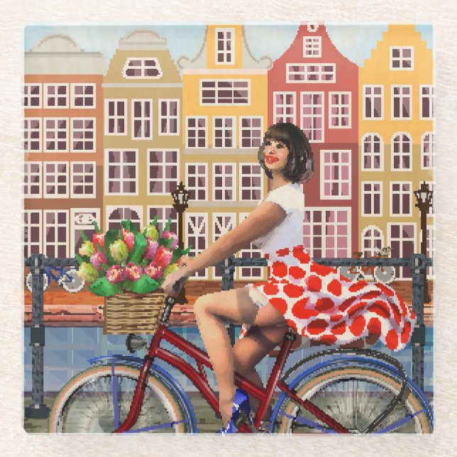 Amsterdam Poster: Pin-Up Girl Cycling. Glass Coaster (Front)