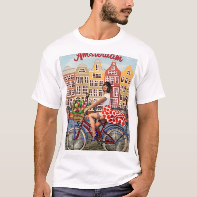 Amsterdam Poster: Pin-Up Girl Cycling. T-Shirt (Front)