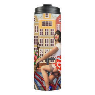 Amsterdam Poster: Pin-Up Girl Cycling. Thermal Tumbler