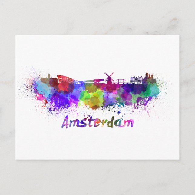 Amsterdam skyline in watercolor postcard (Front)