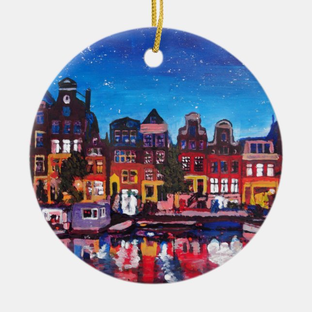 Amsterdam Skyline With Canal At Night Ceramic Tree Decoration (Front)