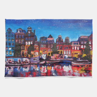 Amsterdam Skyline With Canal At Night Tea Towel