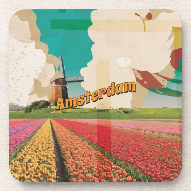 Amsterdam Vintage Travel Poster Coaster (Front)
