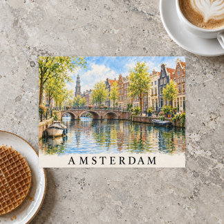 Amsterdam Watercolor Canal Houses Travel Postcard
