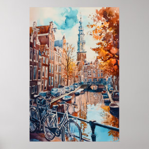 Amsterdam Watercolor Vintage Travel Poster Ski