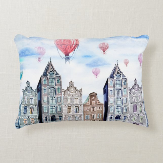 Amsterdam with hot air balloon decorative cushion (Front)