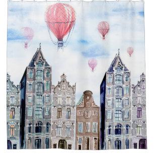 Amsterdam with hot air balloon shower curtain