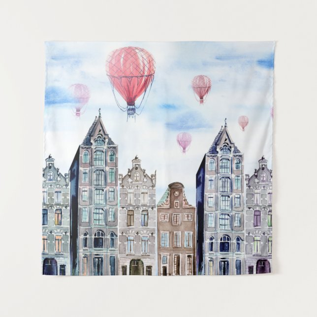 Amsterdam with hot air balloon tapestry (Front)
