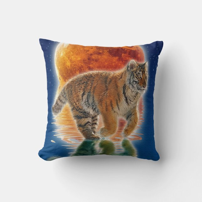 Amur Tiger Cub & Moon Wildlife Fantasy Art Cushion (Front)