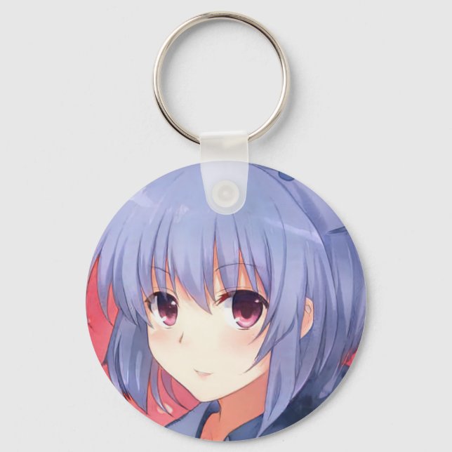 Amused anime girl lavender hair plum eyes manga key ring (Front)