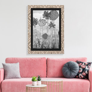 Amusing Flowers and Stems Black-White Canvas Print