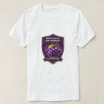 An Abelian Grape T-Shirt<br><div class="desc">Part of The Math Department collection, this design presents a playful mathematical riddle inside a bold shield-style emblem. The question appears at the top—“What’s purple and commutes?”—with a bright bunch of grapes at the center and the punchline below: “An Abelian Grape, ” a pun on the mathematical concept of an...</div>