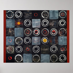 An abstract painting; a grid of stamped circles on poster