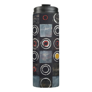 An abstract painting; a grid of stamped circles on thermal tumbler