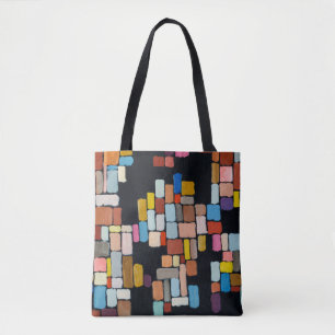 An abstract painting; geometric shapes in an irreg tote bag