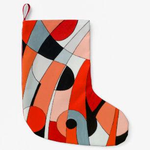 An abstract painting of curved black, white and re small christmas stocking