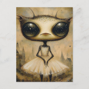 An adorable alien in a pink dress postcard