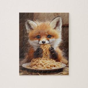 An adorable baby red fox eating spaghetti jigsaw puzzle