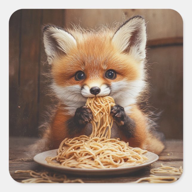 An adorable baby red fox eating spaghetti square sticker (Front)