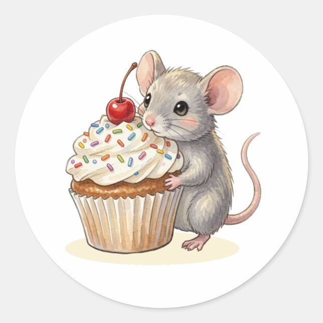 An Adorable Birthday Mouse with Cupcake Classic Round Sticker (Front)