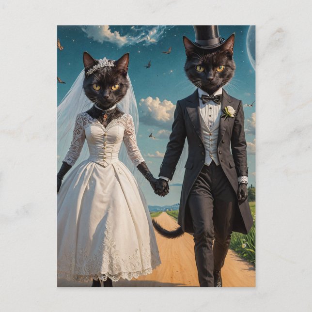An Adorable Black Cat Couple Wedding Day in Park Postcard (Front)