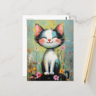 An adorable cat and Flowers Postcard
