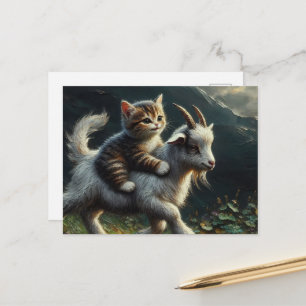 An adorable cat riding a goat Fantasy Postcard