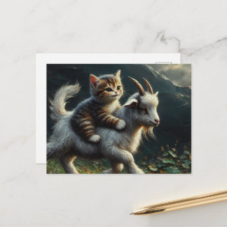 An adorable cat riding a goat Fantasy Postcard