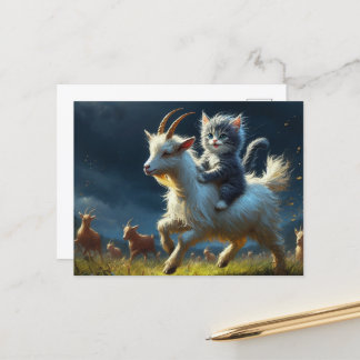 An adorable cat riding a goat postcard