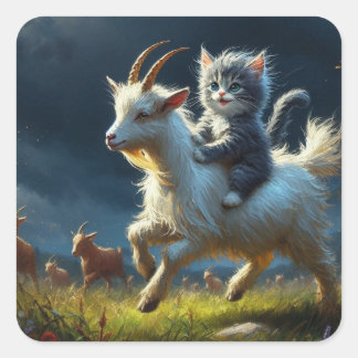 An adorable cat riding a goat square sticker