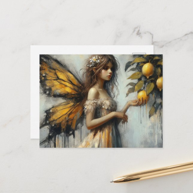 An adorable fairy picking lemons postcard (Front/Back In Situ)