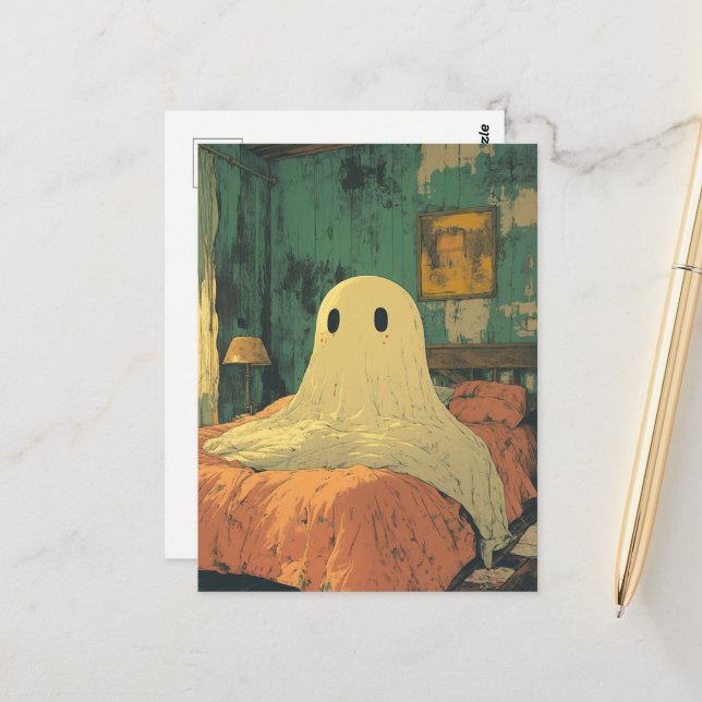 An adorable ghost in bed postcard (Front/Back In Situ)