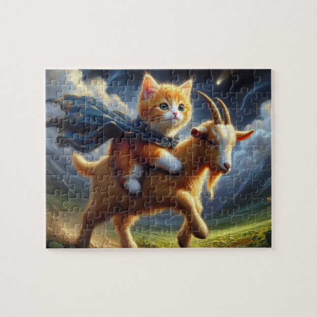 An adorable ginger kitten riding a goat jigsaw puzzle (Horizontal)