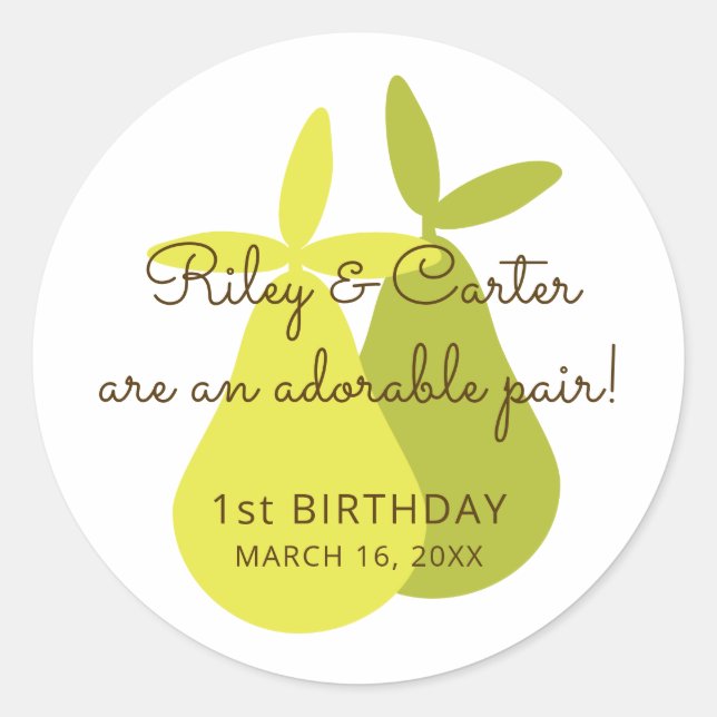 An Adorable Pair Twins Birthday Pear Theme Classic Round Sticker (Front)