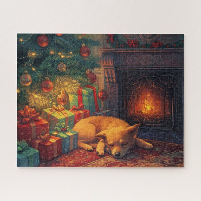 An adorable puppy sleeping by a lit fireplace jigsaw puzzle (Horizontal)