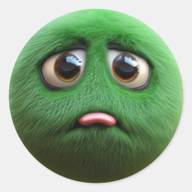 An adorable sad fuzzy green ball character classic round sticker (Front)