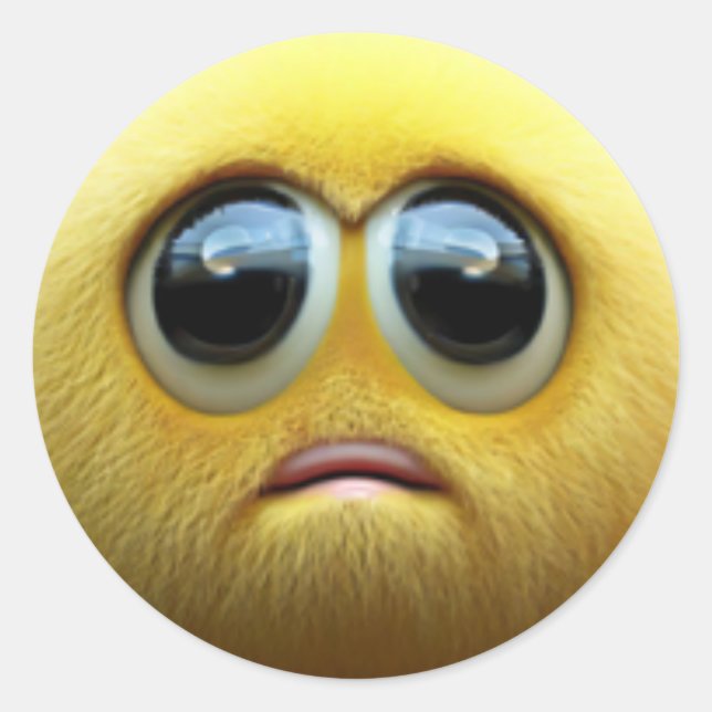 An adorable sad fuzzy yellow ball character classic round sticker (Front)