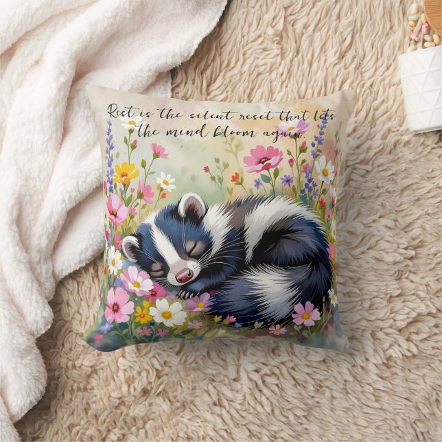 An Adorable Skunk Napping in Flowers and Quote Cushion (Blanket)