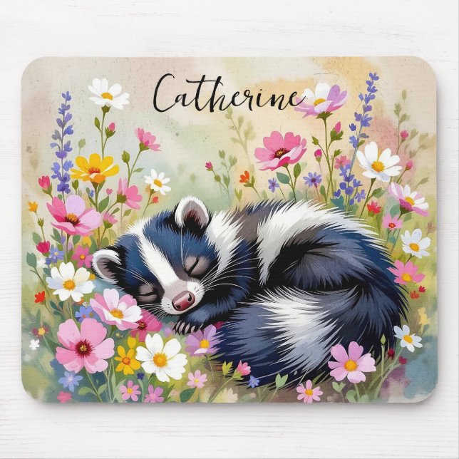 An Adorable Skunk Napping in Flowers Personalised Mouse Pad (Front)